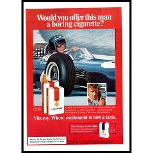 1974 Viceroy Cigarette Excitement is a Taste Blue Open Wheel Race Car Print Ad